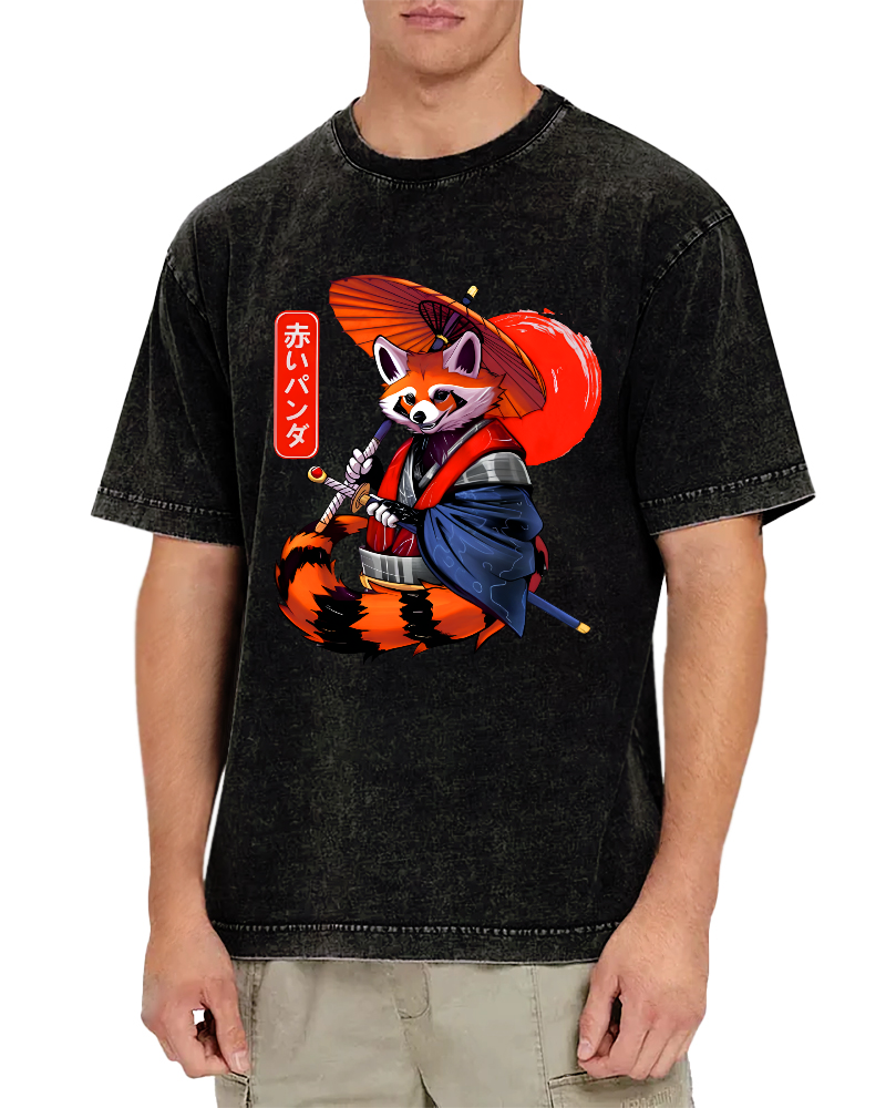 Japanese Red Fox Warrior Vintage Washed T-shirt-Zazasy