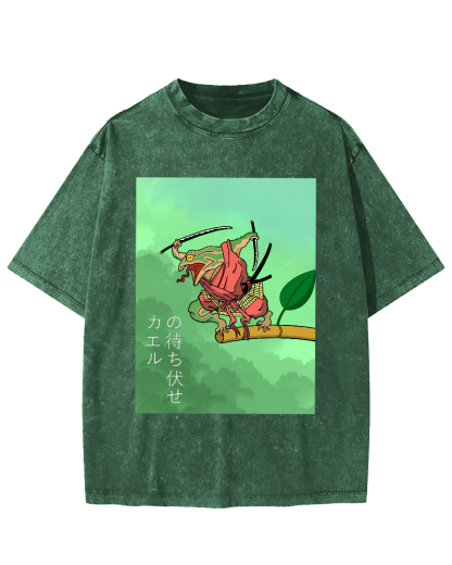 Frog Guardian Japanese Style Vintage Washed T-shirt-Zazasy