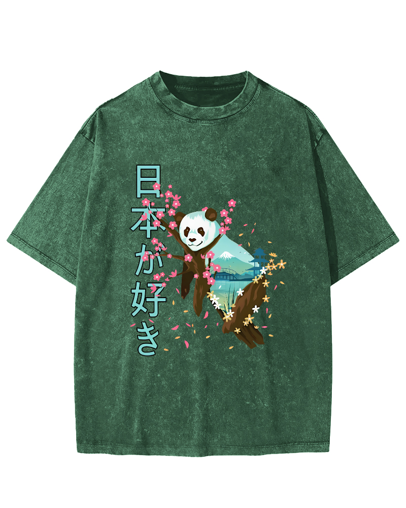 Cute Panda Japanese Style Vintage Washed T-shirt-Zazasy