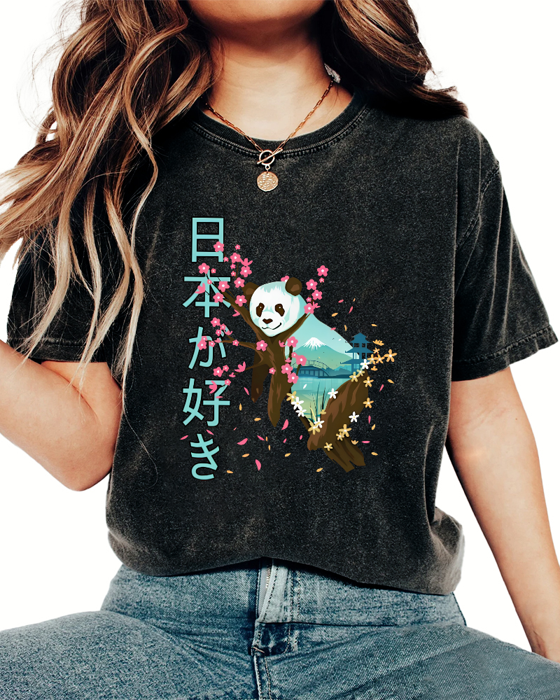 Cute Panda Japanese Style Vintage Washed T-shirt-Zazasy