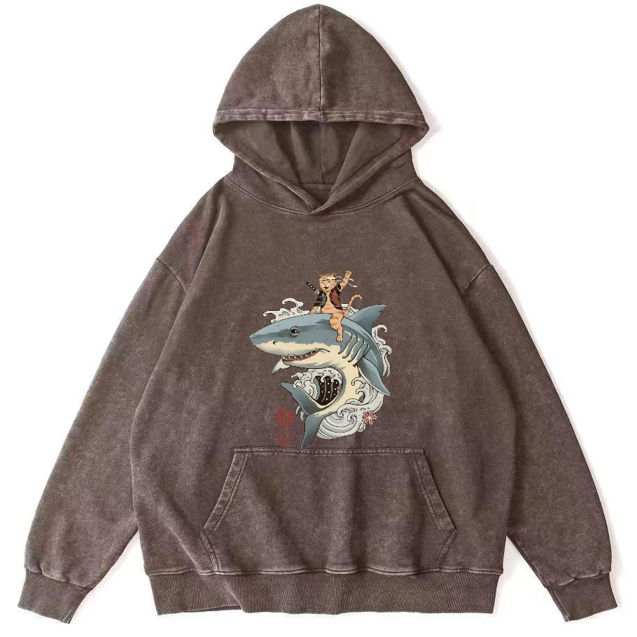 Cat Warrior Riding Shark Japanese Washed Hoodie-Zazasy