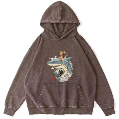 Cat Warrior Riding Shark Japanese Washed Hoodie-Zazasy
