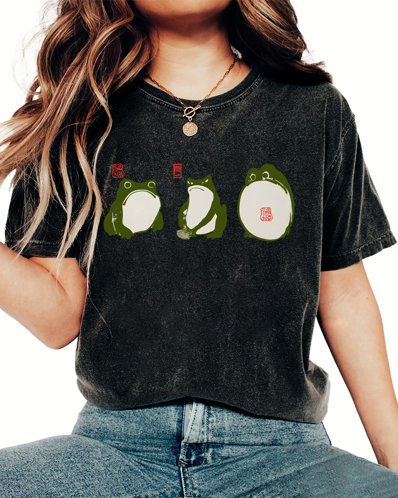 Cute Japanese Frog Vintage Washed T-shirt-Zazasy
