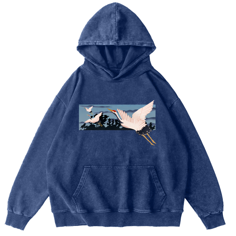 Idle Clouds, Wild Cranes, Japanese Style Vintage Washed Hoodie-Zazasy