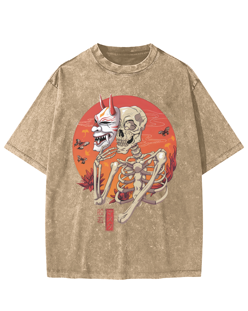 Mask Skeleton Japanese Vintage Distressed T-shirt-Zazasy