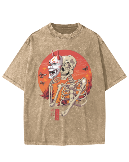 Mask Skeleton Japanese Vintage Distressed T-shirt-Zazasy
