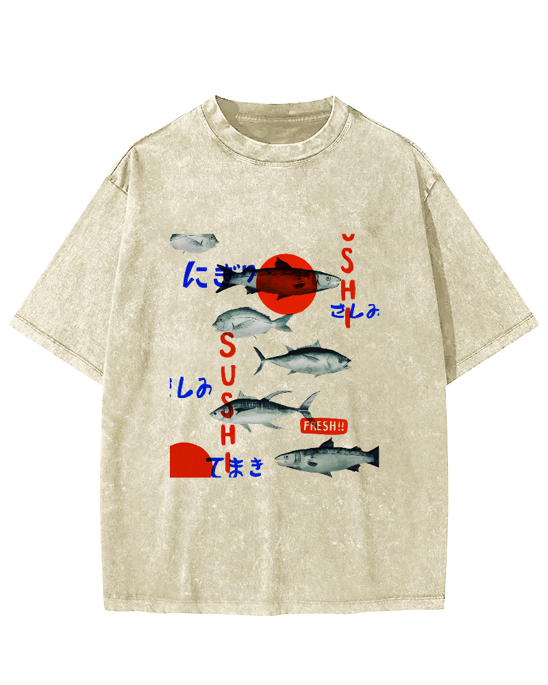 Japanese Sea Fish Pattern Vintage Distressed T-shirt-Zazasy