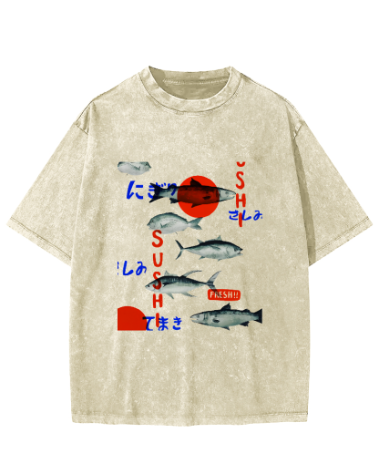 Japanese Sea Fish Pattern Vintage Distressed T-shirt-Zazasy