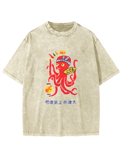 Japanese Octopus Pattern Vintage Distressed T-shirt-Zazasy