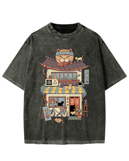 Japanese Cat Cafe Vintage Washed T-shirt