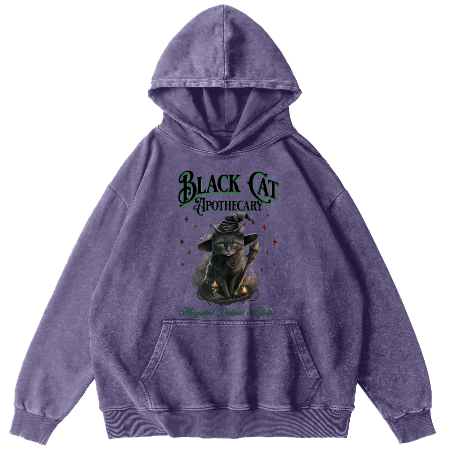 Black Cat Vintage Washed Hoodie-Zazasy