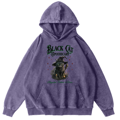 Black Cat Vintage Washed Hoodie-Zazasy
