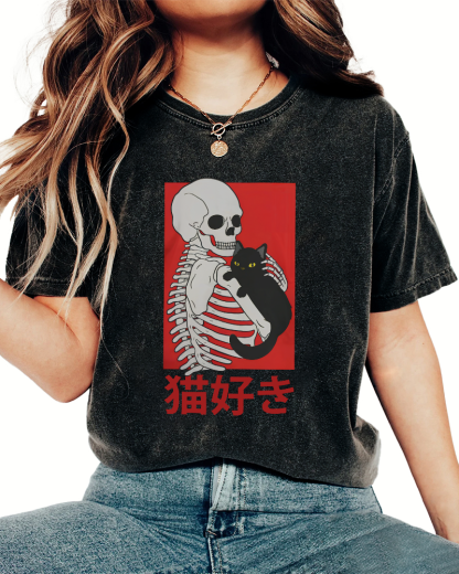 Skeleton And Cat Japanese Style Vintage Washed T-shirt-Zazasy