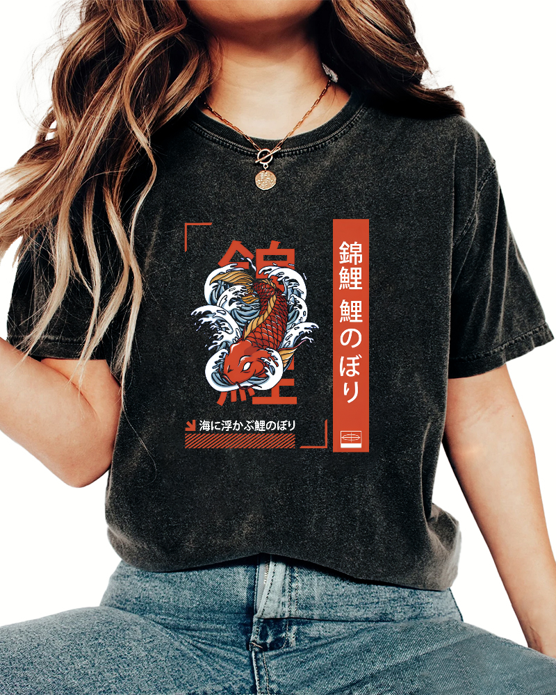 Japanese Script Koi Pattern Vintage Distressed T-shirt-Zazasy