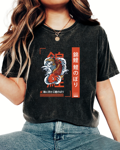 Japanese Script Koi Pattern Vintage Distressed T-shirt-Zazasy