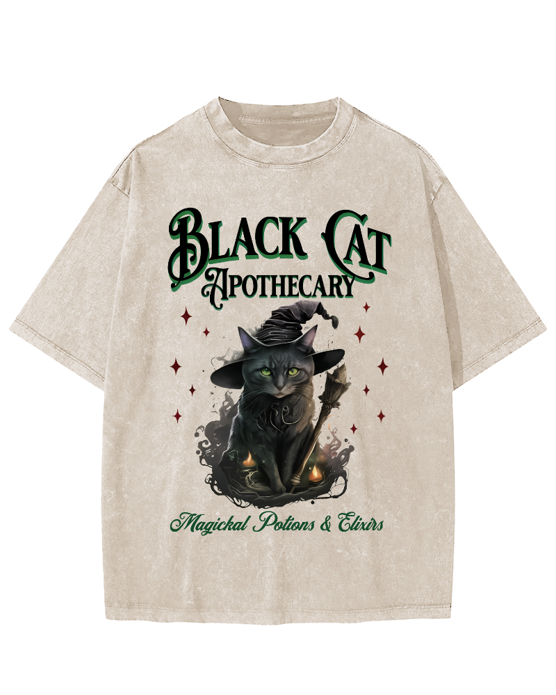 Black Cat Vintage Washed T-shirt-Zazasy