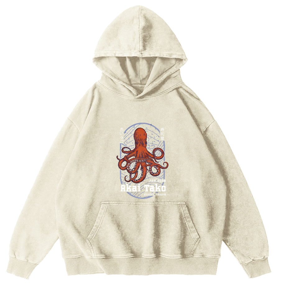 Retro Octopus Pattern Japanese Vintage Distressed Hoodie-Zazasy