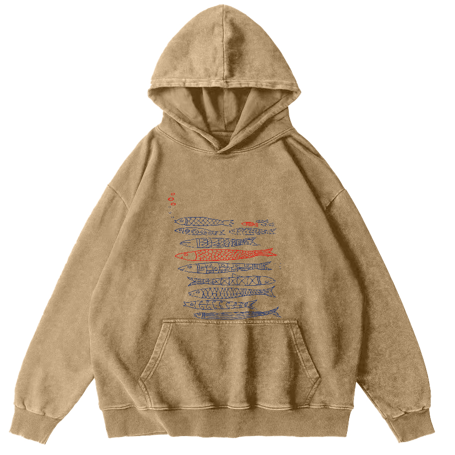 Retro Fish Pattern Vintage Distressed Hoodie-Zazasy