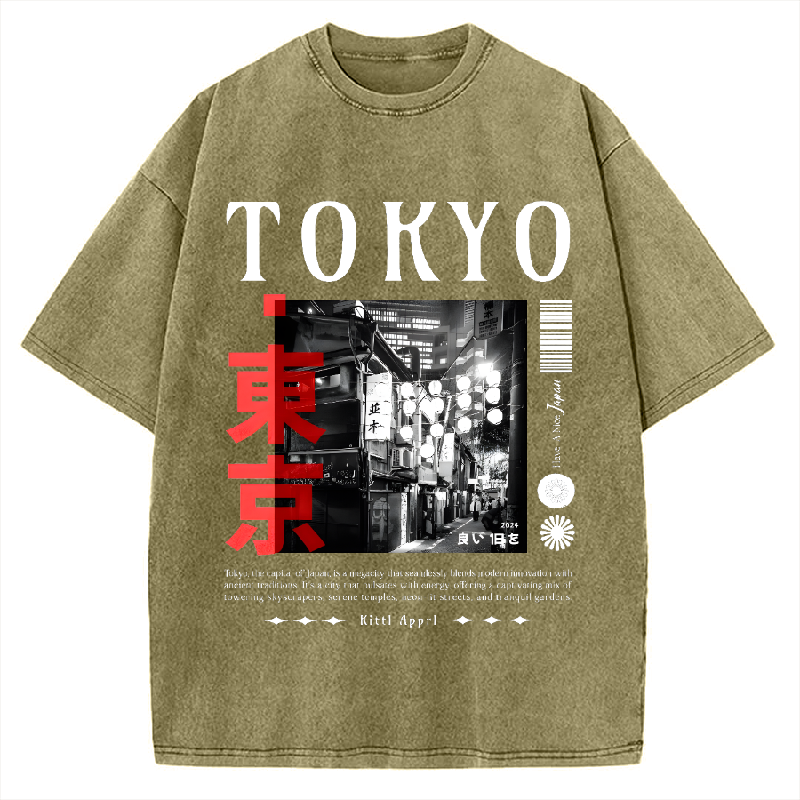 Tokyo Street Night Scene Vintage Washed T-shirt