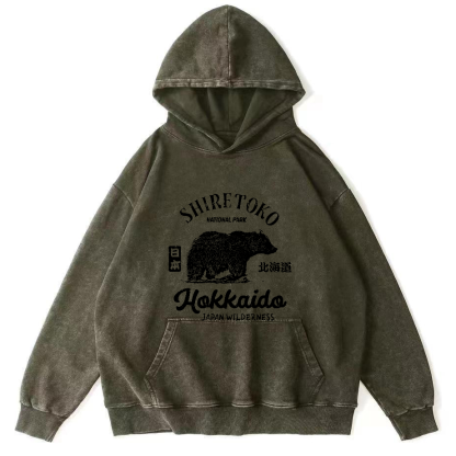 Japanese Writing Bear Pattern Vintage Distressed Hoodie-Zazasy