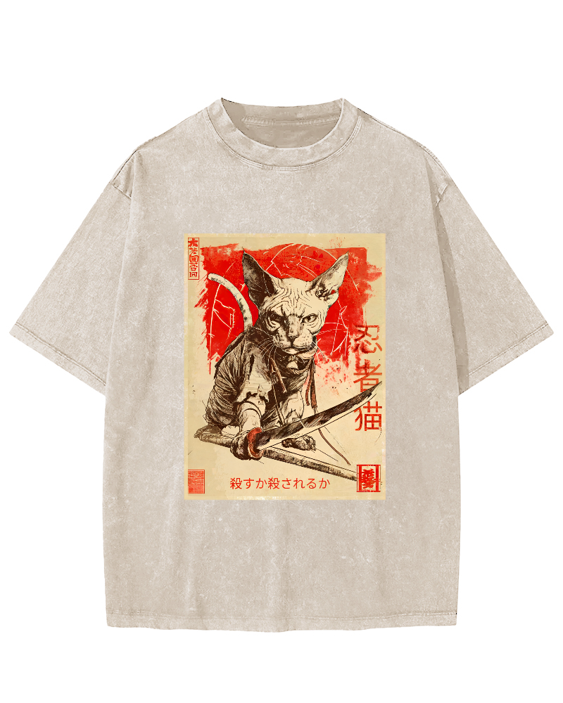 Retro Samurai Cat Japanese Style Vintage Distressed T-shirt-Zazasy