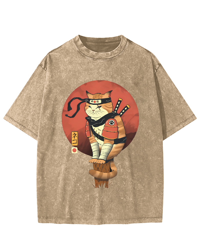 Abstract Samurai Cat Pattern Japanese Style Vintage Distressed T-shirt-Zazasy