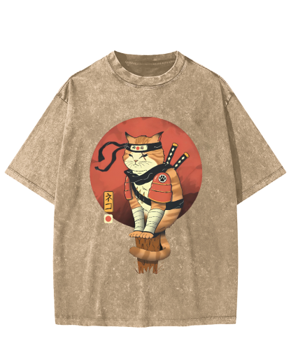 Abstract Samurai Cat Pattern Japanese Style Vintage Distressed T-shirt-Zazasy