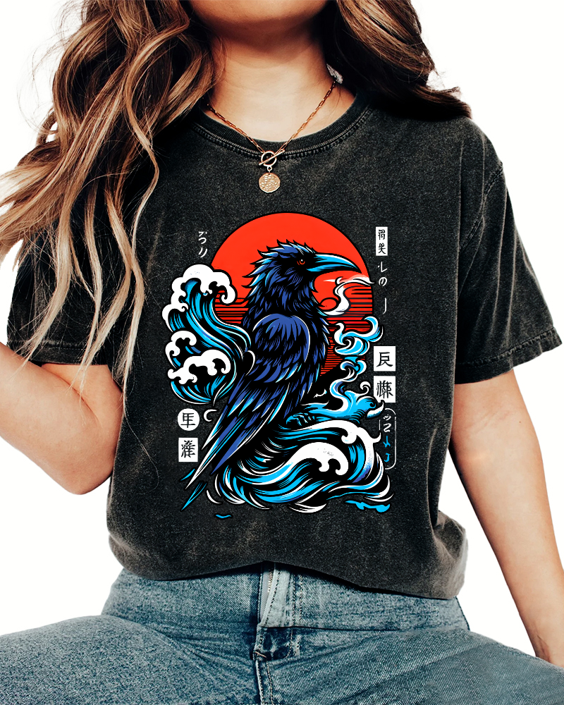 Crows in The Waves, Japanese Style Vintage Distressed T-shirt-Zazasy
