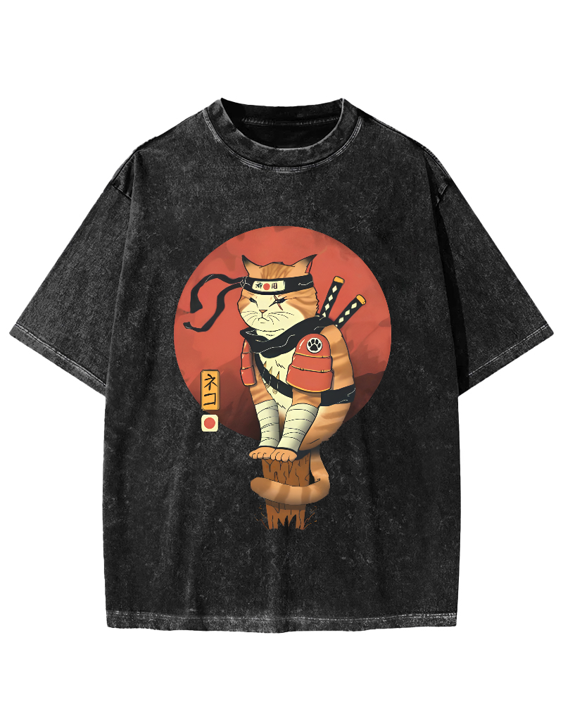 Abstract Samurai Cat Pattern Japanese Style Vintage Distressed T-shirt-Zazasy