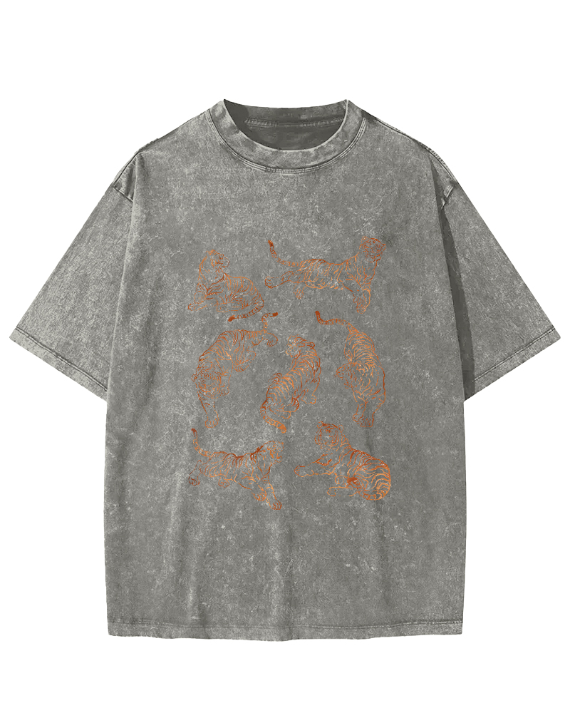 Japanese Tiger Pattern Leisure Vintage Distressed T-shirt-Zazasy
