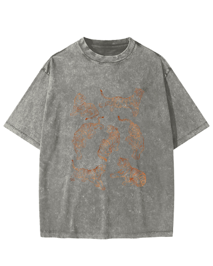 Japanese Tiger Pattern Leisure Vintage Distressed T-shirt-Zazasy