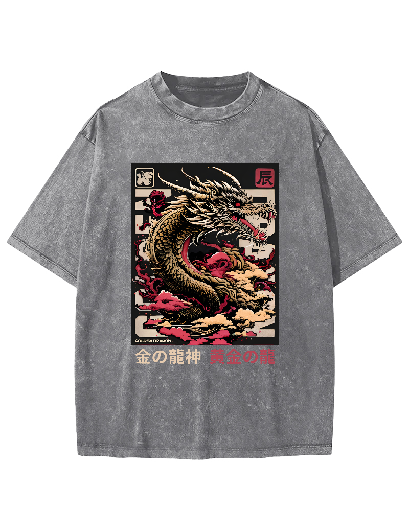 Golden Dragon Japanese Style Vintage Distressed T-shirt-Zazasy