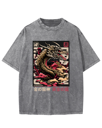 Golden Dragon Japanese Style Vintage Distressed T-shirt-Zazasy