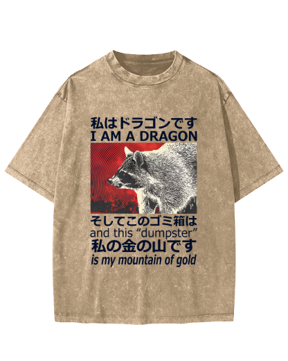 Dragon Raccoon Japanese Vintage Washed T-shirt-Zazasy