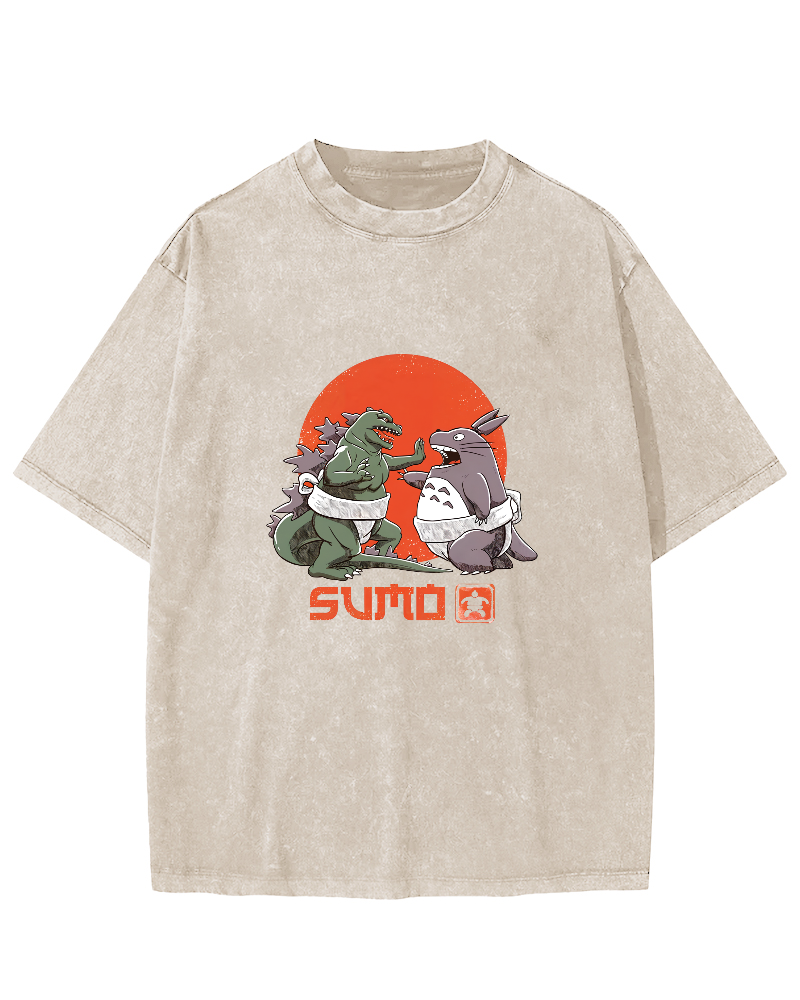Japanese Style Cartoon Monster Pattern Vintage Distressed T-shirt-Zazasy