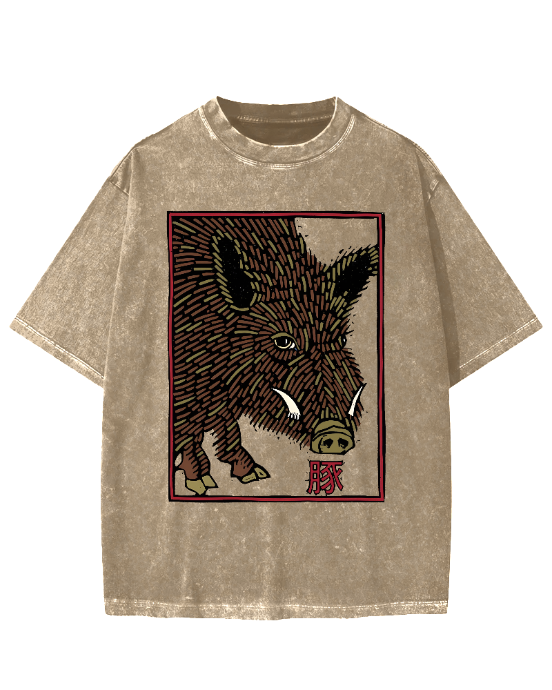 Woodcut Pig Vintage Washed T-shirt