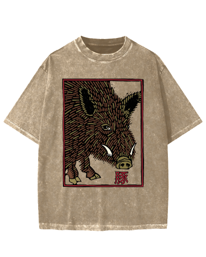 Woodcut Pig Vintage Washed T-shirt