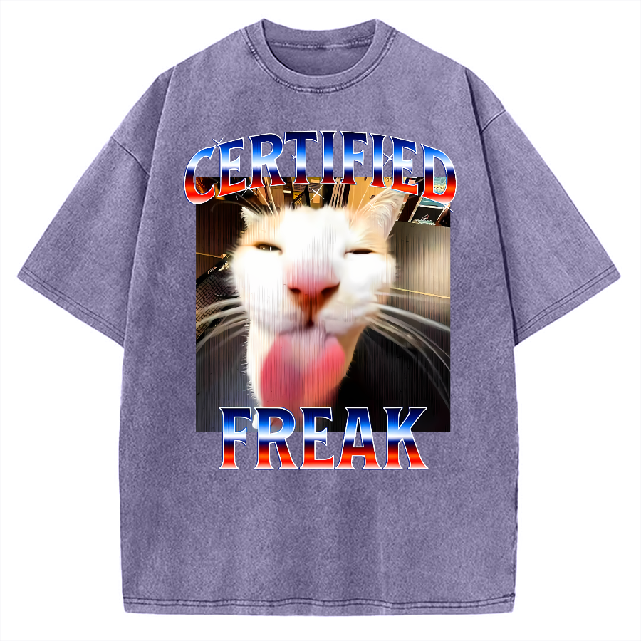 Certified Freak Cat Tongue Out - Funny Meme Cat Vintage Washed T-shirt
