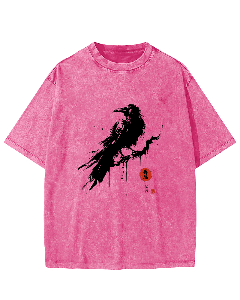Crow Pattern Japanese Style Vintage Distressed T-shirt-Zazasy