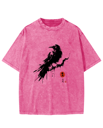Crow Pattern Japanese Style Vintage Distressed T-shirt-Zazasy