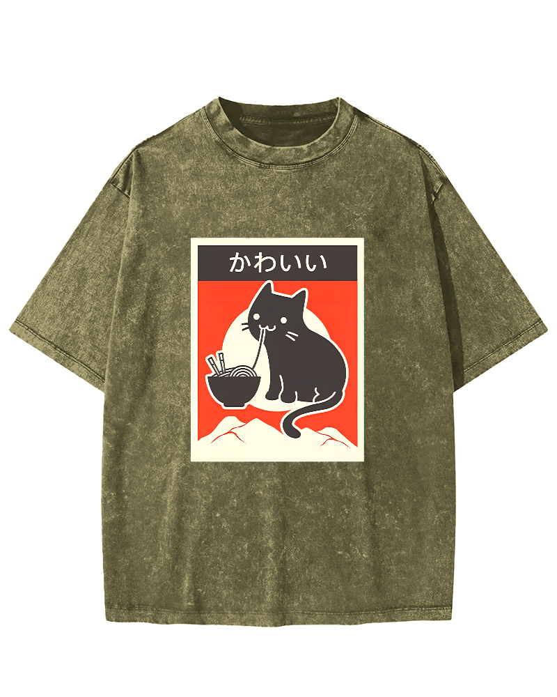 Noodle Eating Cat Japanese Style Washed T-shirt-Zazasy
