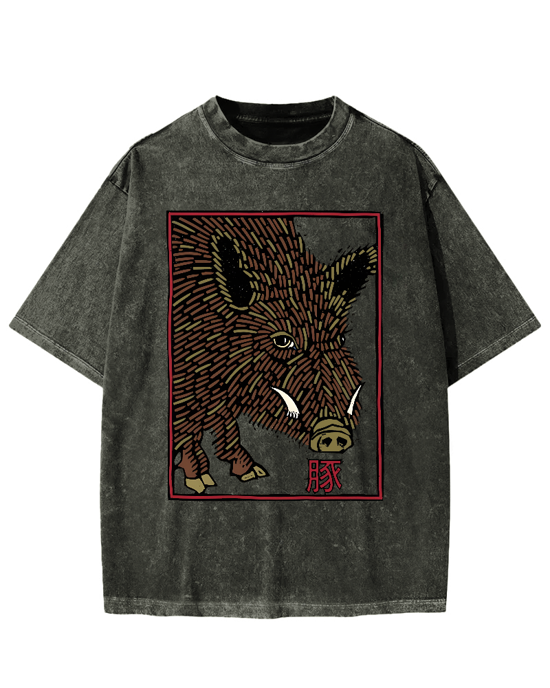 Woodcut Pig Vintage Washed T-shirt