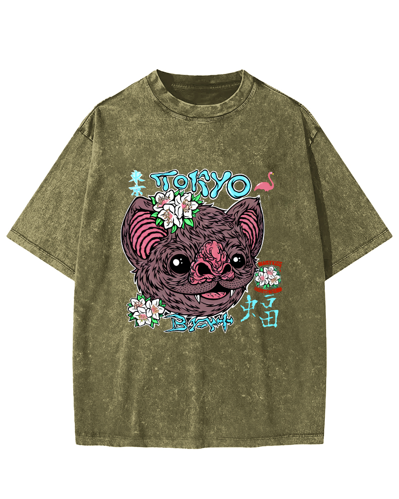 Tokyo Bat Vintage Washed T-shirt-Zazasy
