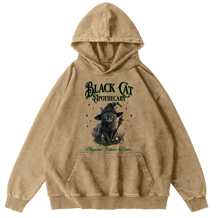 Black Cat Vintage Washed Hoodie-Zazasy