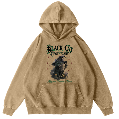 Black Cat Vintage Washed Hoodie-Zazasy