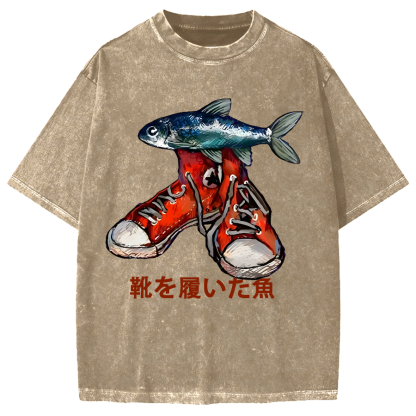 Fish Wearing Shoes Vintage Washed T-shirt