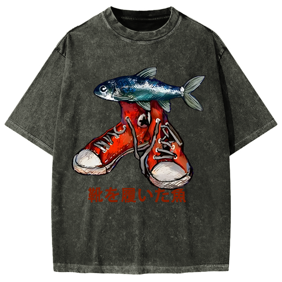 Fish Wearing Shoes Vintage Washed T-shirt