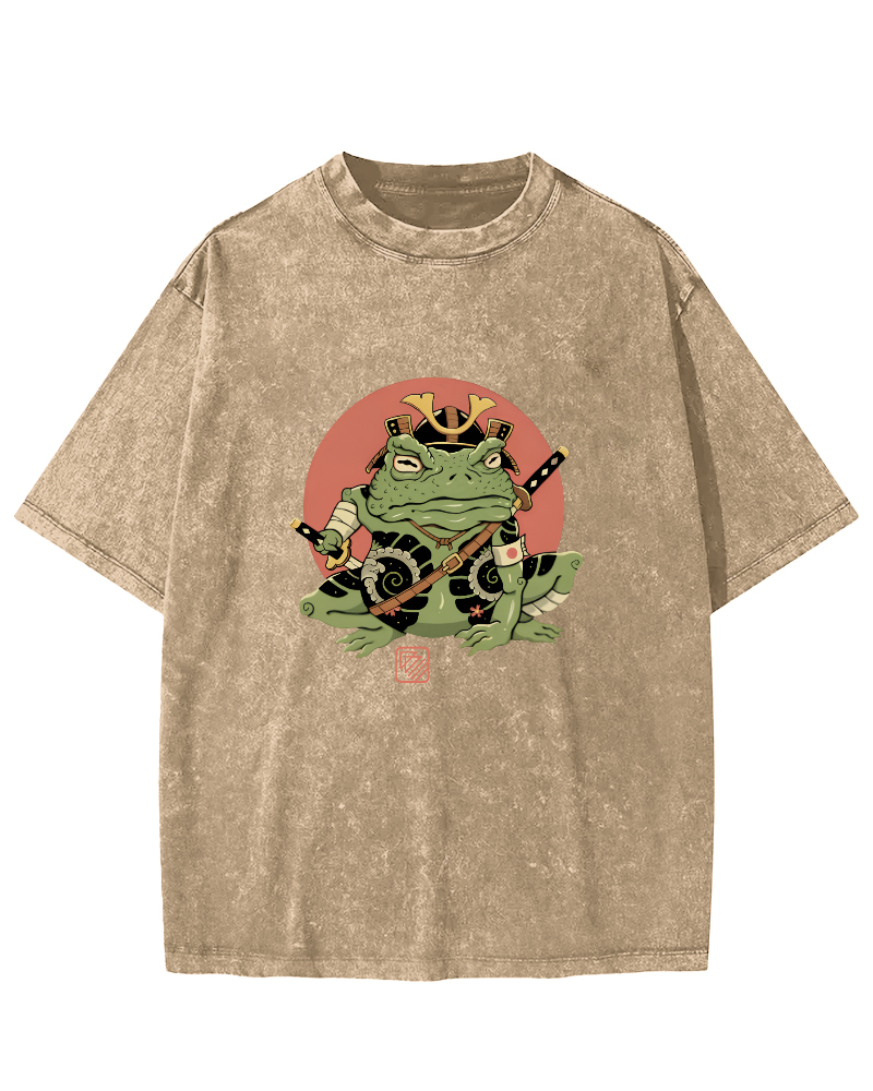 Japanese Funny Frog Pattern Vintage Distressed T-shirt-Zazasy