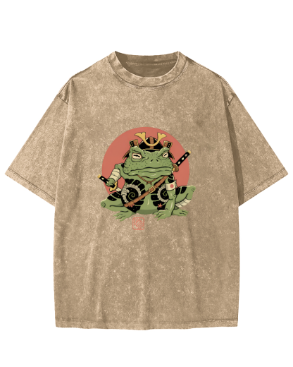 Japanese Funny Frog Pattern Vintage Distressed T-shirt-Zazasy