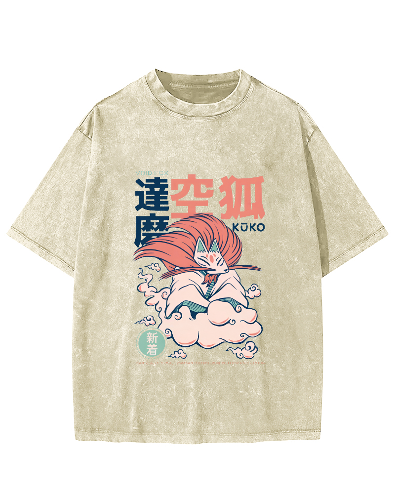 Japanese Abstract And Personalized Fox Pattern Vintage Distressed T-shirt-Zazasy